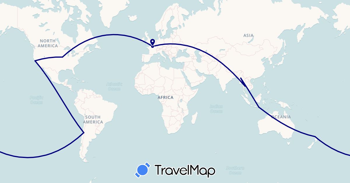 TravelMap itinerary: driving in Chile, France, Indonesia, Myanmar (Burma), New Zealand, Thailand, United States (Asia, Europe, North America, Oceania, South America)